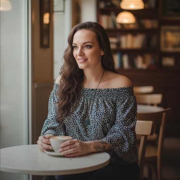 Rebecca Minkoff ✦ Smocked Off-Shoulder Top ✦ Sheer Overlay Floral Navy Tan Sz S - Picture 15 of 16
